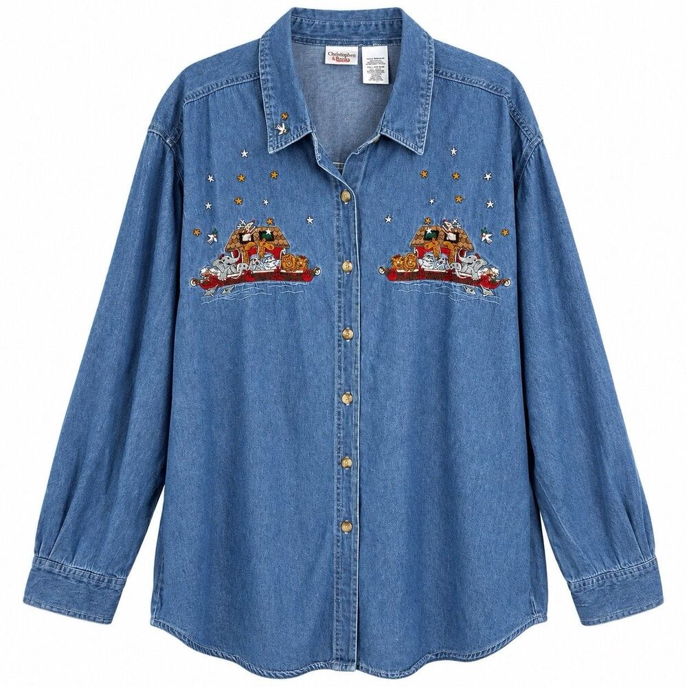 Vintage 90’s Bobbie Brooks 22W 24W Noahs Ark Embroidered Denim Shirt Christmas